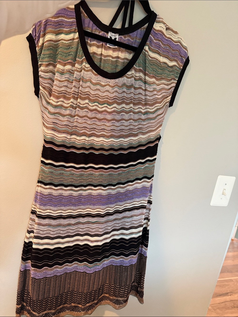 Missoni Multicolor Wavy-Stripe Knit Midi Dress in Lavender, Black, Cream, Green